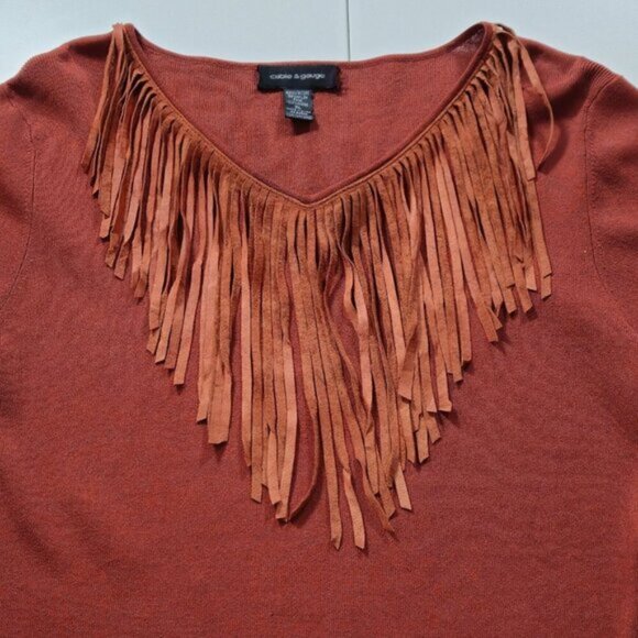 Cable & Gauge Knit Western Top Women XL Burnt Orange LS Suede Fringe V Neck Boho - Picture 10 of 14